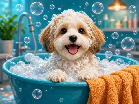 Illustration of a happy dog in a bubble bath